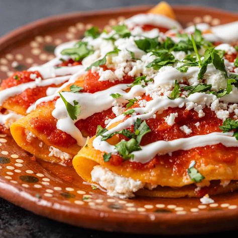 Entomatadas Recipe Recipes With Queso, Recipes With Queso Fresco, Entomatadas Recipe, Queso Fresco Recipe, Fried Corn Tortillas, Fried Tortillas, Fried Corn, Cooking Courses, Mexican Foods