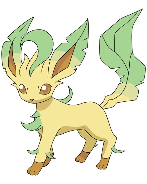 Leafeon • Grass Type Pokémon  —————————————————— Leafeon is a mammalian, quadruped Pokémon. Its body is tan with dark brown paws. It has several green sprouts growing all over it with the longest one on its head, in front of four tan tufts of fur. Leafeon's ears and tail have a leafy appearance. It has brown eyes and a small, brown nose. Latios Pokemon, Cat Pokemon, Grass Type Pokemon, Pokémon Diamond And Pearl, Pokemon Platinum, Pokémon Diamond, Pokemon Team, Oc Pokemon, Pokemon Tattoo