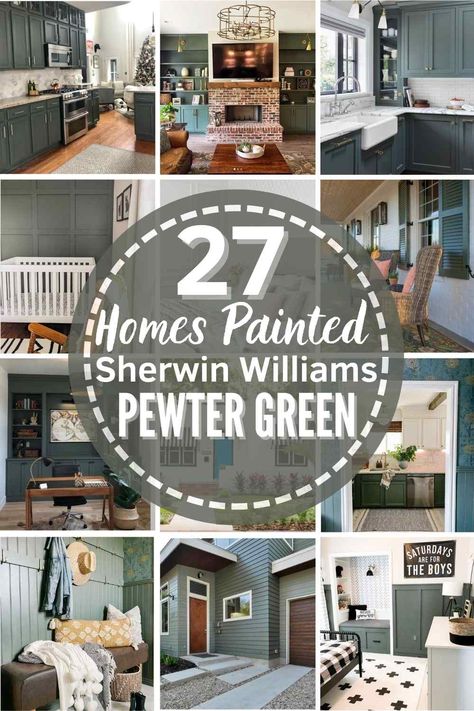 Is Sherwin Williams Pewter Green SW 6208 Your Perfect Paint Color? Come see it in 27 real homes and spaces to help you decide! Learn about the undertones, comparable colors and more! #sherwinwilliams #paint #pewtergreen #greenpaint #bestpaintcolors #sherwinwilliamspewtergreen Sw Vogue Green Paint, Pewter Green Sw, Sherwin Williams Pewter Green, Green Entryway, Green Exterior Paints, Sherwin Williams Green, Green House Exterior, Pewter Green, The Undertones