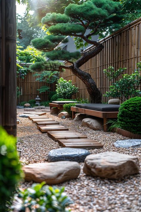 Gravelled Patio Area, Japanese Garden Border, Rock Seating Area, Pea Gravel Landscaping, Garden Seating Area Ideas, Gravel Types, Gravel Backyard Ideas, Tree Garden Ideas, Gravel Garden Ideas