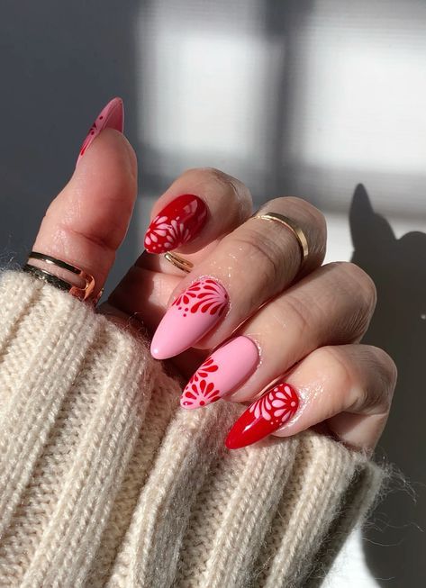 Talavera Nail Art Pink, Red Talavera Nail Art, Mexican Nails Designs Almond, Red Nails For Summer 2024, Mexican Pattern Nails, May Nails Almond, Latin Inspired Nails, Gen Z Nail Art, Pink And Red Flower Nails