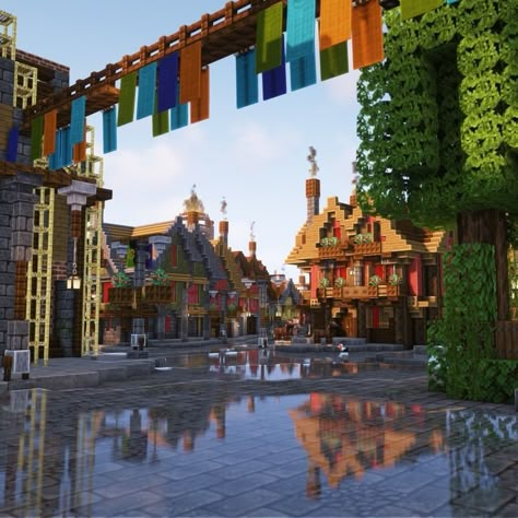 Minecraft Fantasy Town Ideas, Aesthetic Castle Minecraft, Minecraft City On Water, Fantasy City Minecraft, Minecraft World Inspiration, Fantasy Minecraft Building Ideas, Mc Town Ideas, Fantasy Town Minecraft, 1.19 Minecraft Builds