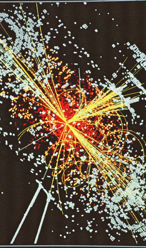 This track is an example of simulated data modeled for the CMS detector on the Large Hadron Collider (LHC) at CERN, which will begin taking data in 2008. Here a Higgs boson is produced which decays into two jets of hadrons and two electrons. The lines represent the possible paths of particles produced by the proton-proton collision in the detector while the energy these particles deposit is shown in blue. | Image creator: Lucas Taylor Cyclotron Physics, Science Core, Doppler Effect Physics, Stellar Nucleosynthesis, Quantum Particles, Scientific Art, Standard Model Of Particle Physics, Hadron Collider, Particle Accelerator