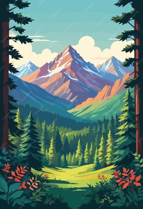 Premium Vector | A painting of a mountain with a mountain in the background Mountain Drawing Color, Church Mural, Vector Landscape, Mountain Background, Mountain Drawing, Mountain Illustration, Tshirt Illustration, Mountain Paintings, Cartoon Drawings