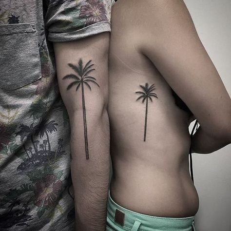 Matching palm tree tattoos for a couple - Matching palm tree tattoos on the arm and a rib cage for a couple Tree Tattoo Side, Tree Tat, Tree Tattoo Meaning, Tree Tattoo Men, Tattoo Tree, Sunset Tattoos, Palm Tattoos, Tree Tattoo Designs, Palm Tree Tattoo