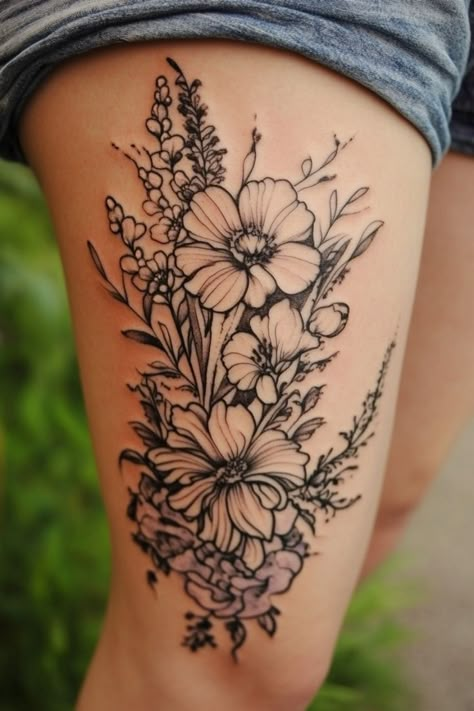 Flower Tattoos Front Thigh, Flower Tattoos Leg Thigh Tat, Flower Tattoos Peony, Black And Gray Floral Tattoo, Floral Tattoo Thigh, Bob Hairstyles Undercut, Floral Tattoos For Women, Braided Natural Hairstyles, Daisy Tattoos