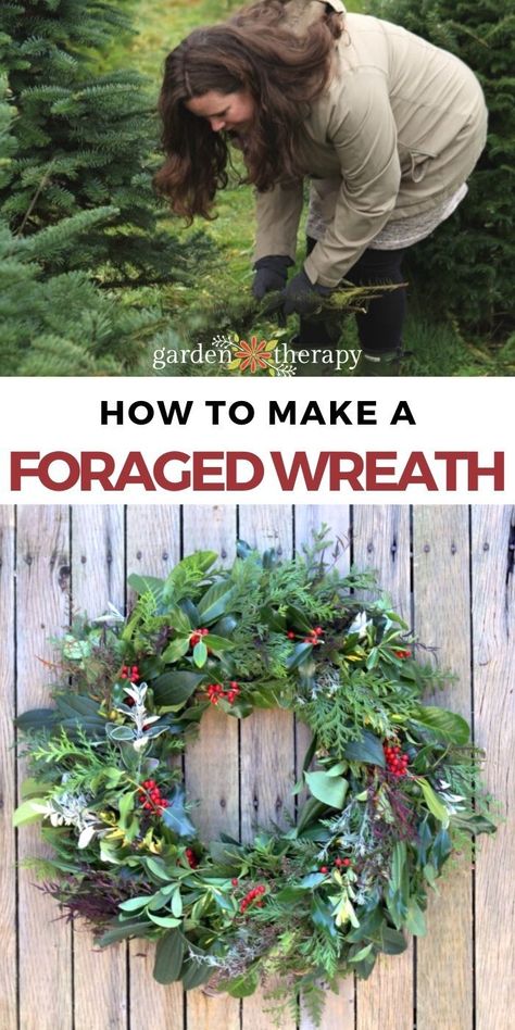 Wreaths made from fresh foraged materials are a wonderful way to make an entrance look welcoming or to jazz up a drab fence or garden shed. Here’s how to make a wreath entirely from foraged materials! #christmas #wreath #holidaydiy #christmasdiy #holidaycraft #foraging #gardentherapy Making A Natural Wreath, Winter Solstice Wreath Diy, Diy Pine Wreath, Outdoor Wreath Ideas, Live Christmas Wreaths, Foraged Wreath, Christmas Table Deco, Wreath Making Party, Herbal Crafts