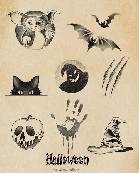 My halloween flash sheet for our annual Halloween flash day! I decided to base a few(4) of my designs around movies. Do you recognise them all? Info👻🎃💀 The flashday will take place on October the 26th, from 10:00 until…? Flash is repeatable on that day and only available on arms and legs. . . . . #halloween #halloweentattoo #halloweenflash #halloweentattoodesigns #flashsheet #tattooideas zwolle tattoo #tattoozwolle #mellowbynozem #halloweenflashday Halloween Tattoo Fillers, Halloween Stomach Tattoo, 2x2 Halloween Tattoos, Flash Halloween Tattoo, Halloween Flash Sheet Simple, Halloween Flash Sheet, Tattoo Flash Sheets, October Flash Sheet, Halloween Flash Sale Tattoos