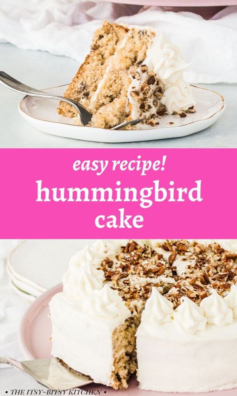 This easy hummingbird cake is a quick and simple version of the popular banana pineapple spice cake. Finish your cake with cream cheese frosting and a sprinkle of pecans and it's completely irresistible! This recipe starts with a box of yellow cake mix and is made all in one bowl. You'll make it over and over! It's the perfect easy dessert for all your fall and winter holiday parties! Hummingbird Cake Box Recipe, Popular Cakes 2023, Pineapple Spice Cake, Pineapple Cake Box Recipe, Easy Hummingbird Cake Simple, Hummingbird Cake With Box Cake, Hummingbird Cake From Box Recipe, Easy Hummingbird Cake, Simple Cream Cheese Frosting