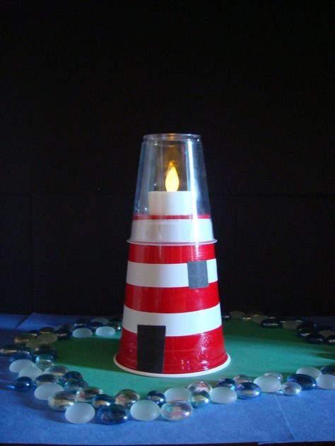 Lighthouse Theme Party, Lighthouse Craft, Diy Lighthouse, Lighthouse Crafts, Relief Society Activities, Bible School Crafts, Vbs Crafts, Church Activities, Ocean Crafts