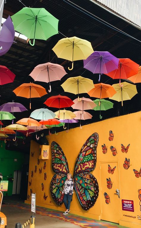 Patio Restaurant Ideas, Aesthetic Umbrella, Gallery Decoration, Street Art Mural, Small Restaurant Design, Restaurant Design Inspiration, Butterfly Aesthetic, Rustic Cafe, City Branding