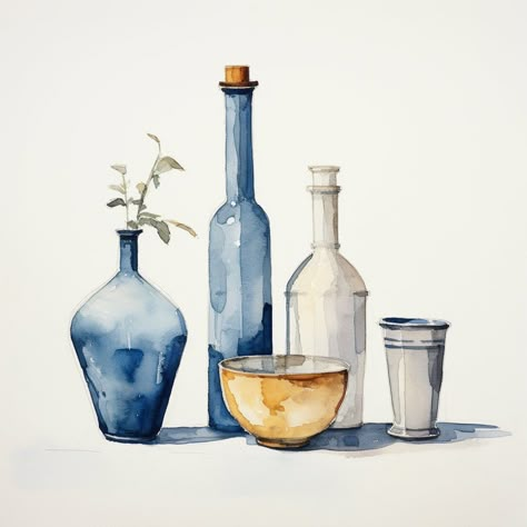 watercolor still life inspired by Morandi's minimalistic compositions. Explore the beauty of Top grade digital prints. Watercolor Still Life For Beginners, Still Nature Painting, Still Life In Watercolor, Water Still Life, Minimalistic Watercolor, Watercolor Bottle, Watercolor Objects, Watercolour Prints, Watercolor Botanicals