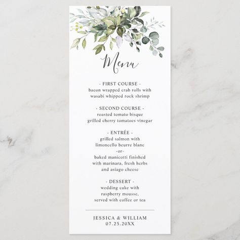 Cheese Wedding Cake, Elegant Wedding Menu, Wedding Dinner Menu, Menu Wedding, Watercolor Eucalyptus, Foliage Wedding, Elegant Bridal Shower, Eucalyptus Greenery, Eucalyptus Wedding