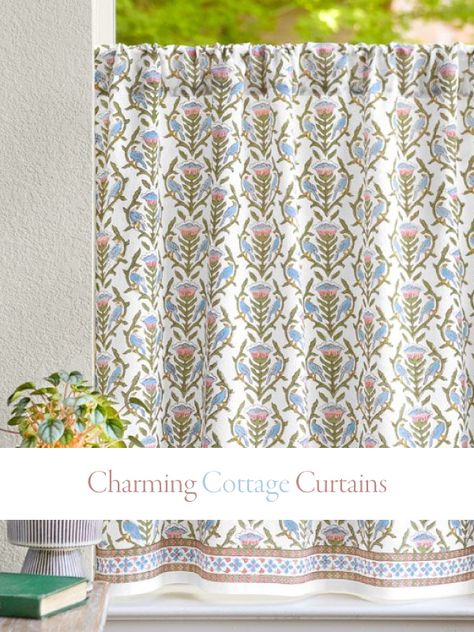 14 Cottage Curtains That Bring Charming English Country Style Blue Kitchen Curtains, Cottage Curtains, Blue Bedspread, Holiday Room Decor, Window Toppers, Holiday Room, English Country Style, Sheer Curtain Panels, Floral Curtains