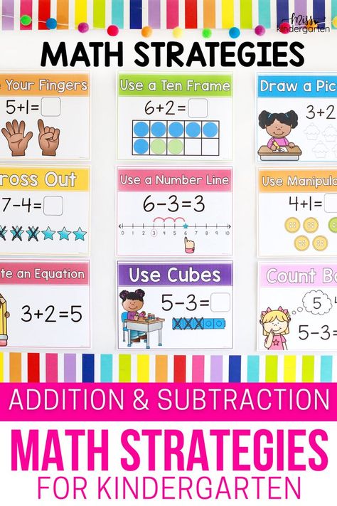 A bulletin board with colorful math strategies Addition And Subtraction Anchor Chart Kindergarten, Subtraction Ideas For Kindergarten, Addition Strategy Anchor Chart, Teaching Addition To Kindergarten, Kindergarten Math Classroom, Addition Strategies Anchor Chart Kindergarten, Addition Strategies Kindergarten, Introducing Addition Kindergarten, Subtraction Activities For Kindergarten