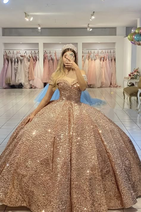 champagne sparkly 15 dress Glitter Pink Quince Dress, 2023 Quinceanera Dresses, Champagne Pink Sweet 16 Dresses, Pink Quinceanera Dresses Sparkle, Pink Sparkly Quince Dress, Quncie Dresses Rose Gold, Gold Xv Dresses, Rose Gold Quinceanera Dresses Damas, Rose Gold Dress Quinceanera