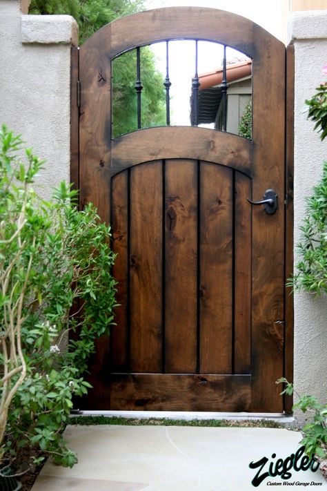 side house gates | Gorgeous Italian-wood side gate | For the Home Iron And Wood Gates, Garden Gates Ideas, Rustic Gate, Driveway Garden, Wood Fence Gates, Iron Spindles, Wooden Garden Gate, Backyard Gates, Custom Driveway