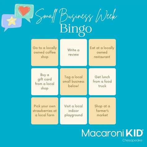 Happy National Small Business Week! See if you can win at Small Business Bingo this week! If you own, work at, or love a local small business, tag them in the comments below! No limits, it can be in any city, as long as it is family friendly 😊 I truly admire all the small business owners out there making a difference in their community, building something unique, taking risks and making big sacrifices to do what they do. #ChesapeakeVA #757Vendors #757VA #SmallBusinessWeek National Small Business Week, Business Tag, Small Business Week, Taking Risks, Chesapeake Va, Local Gifts, Local Farm, Build Something, Making A Difference