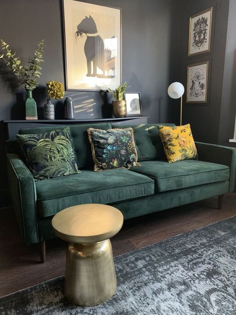 87 Green And Grey Living Room Decor Ideas - DigsDigs Dark Grey Walls Living Room, Living Room Ideas Green, Grey Living Room Decor Ideas, Green And Grey Living Room, Room Ideas Green, Dark Green Sofa, Grey Living Room Decor, Navy Velvet Sofa, Green Sofa Living Room