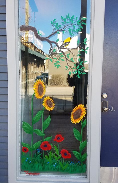 Painted Window Art Ideas, Butterfly Window Painting, Window Murals Ideas, Spring Window Ideas, Spring Window Decorations Kindergarten, Spring Window Decor, Spring Window Art Ideas, Window Painting Summer, Sunflower Window Painting