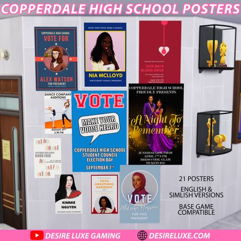 Sims 4 Copperdale High School Posters | Desire Luxe on Patreon School Clutter Sims 4, Sims 4 Cc Maxis Match High School, Sims 4 School Cc Patreon, Sims 4 Principal Cc, Sims 4 Cc High School Furniture, Ts4 Highschool Cc, Sims 4 High School Cc Patreon, Classroom Cc Sims 4, Sims Highschool Cc