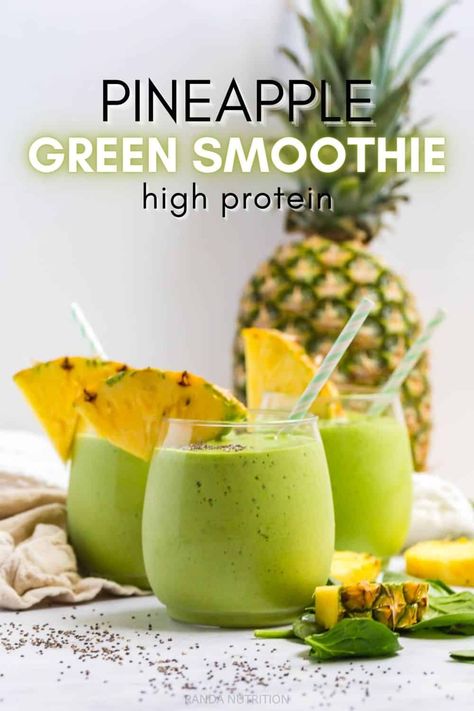 Smoothie High Protein, Pineapple Protein Smoothie, Pineapple Green Smoothie, Pineapple Smoothie Healthy, Green Smoothie Benefits, Pineapple Smoothie Recipes, High Protein Smoothies, Protein Smoothie Recipes, Spinach Smoothie