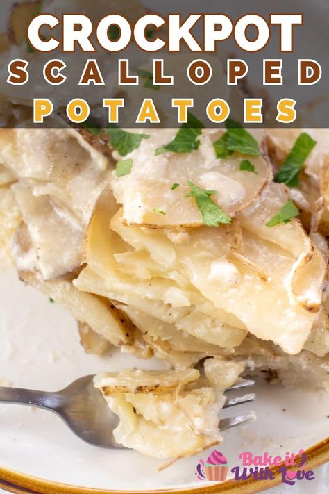 These easy crock pot scalloped potatoes are a tasty addition to any dinner or holiday meal! Scalloped Potatoes Easy Crockpot, Crock Pot Scalloped Potatoes Easy, Crockpot Scalloped Potatoes Without Cheese, Slow Cooker Scalloped Potatoes Cheese, Slow Cooker Scalloped Potatoes No Cheese, Scallop Potatoes Crockpot, Crockpot Augratin Potatoes Crock Pot, Slow Cooker Scalloped Potatoes Easy, Crock Pot Scalloped Potatoes Slow Cooker