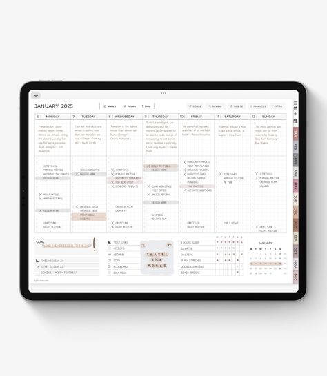 Plan every detail of your day-to-day life. The 2025 digital planner is an all-in-one planner that includes monthly, weekly, and daily pages. In each month you can also plan that month's goals, track your habits, record your finances, and do a final review to see how it went. And in each week you'll find a weekly menu page and a weekly review page. And if that wasn't enough, this digital planner al#digitalplanner #plannerinspiration #digitalplanning #planneraddict #digitalorganizer #digitalplannerlove #digitalplannercommunity #digitalplannerideas #digitalplannerdesign #digitalplannerobsessed Cute Planner Template, Monthly Planner Aesthetic, Free Content Planner, Ipad Monthly Planner, Aesthetic Study Planner, Yearly Planner Template, Cute Daily Planner Template, Budget Digital Planner, Content Planner Template