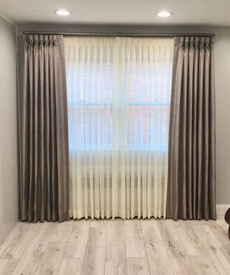 Butterfly Pleat Drapery, Double Curtain Living Room, Goblet Pleat Curtains, Double Rod Curtains With Sheers, Double Rod Curtain Ideas With Sheers, Double Curtain Rod Ideas, French Pleat Curtains, Double Window Curtains, Gray Living Room Design