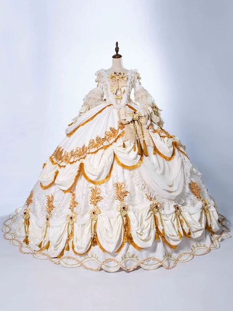 Big Princess Dress, Royal Outfits Aesthetic, Rococo Gown, Ball Gowns Victorian, White And Gold Dress, Victorian Ball Gowns, Royal Gowns, Puffy Dresses, Dress Design Drawing