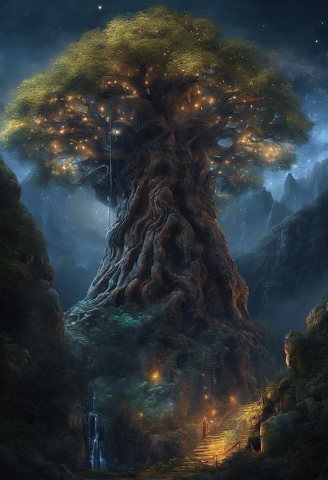 Enormous Fantasy Tree Check more at https://paintlyx.com/enormous-fantasy-tree/ Fantasy Tree Library, Big Fantasy Tree, Large Tree Aesthetic, Large Fantasy Tree, Giant Tree Fantasy Art, Dnd House, Tree Castle, Doom 1, Fantasy Village