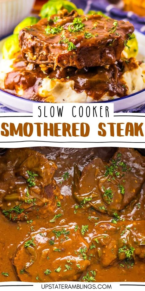 Instant Pot Smothered Steak, Crock Pot Strip Steak Recipes, Mock Tender Steak Recipes Slow Cooker, Steak And Gravy Recipe Crockpot, Steak Recipes Crockpot Slow Cooking, Steak Dinner Crockpot Easy Recipes, Crockpot Steak Dinner, Stewed Steak Recipes, Steaks Crockpot Recipes