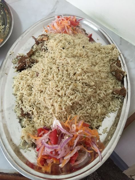 Meat Pilau. A Kenyan Swahili cuisine. Pilau Rice Recipe Tanzania, Kenyan Meals, Kenyan Cuisine, Swahili Dishes, Pilau Rice Recipe, Sweet Rice Recipe, Kenyan Culture, Kenyan Recipes, Recipes With Rice