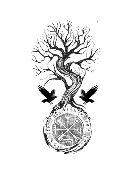 Vegvisir And Yggdrasil Tattoo, Yggdrasil Tattoo Vikings Tree Of Life, Yddrasil Tree Tattoo, Viking Tattoo Design Drawings, Yggdrasil Tattoo Vikings, Yggdrasil Tattoo Design, Ygdrassil Tattoo, Tree Of Yggdrasil, Nordic Mythology Tattoo