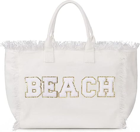 Ineowelly Beach Bags for Women, Large Canvas Tote Bag with Zipper Chenille Letter, Women Tote Bag for Beach Pool, Shoulder Bag for Women Girl Summer Vacation Travel Big Crossbody Bag, Swim 2023, Belt Kimono, Large Beach Bags, Fringe Handbags, Pool Bags, Beach Canvas, Fabric Tote, Yoga Bag