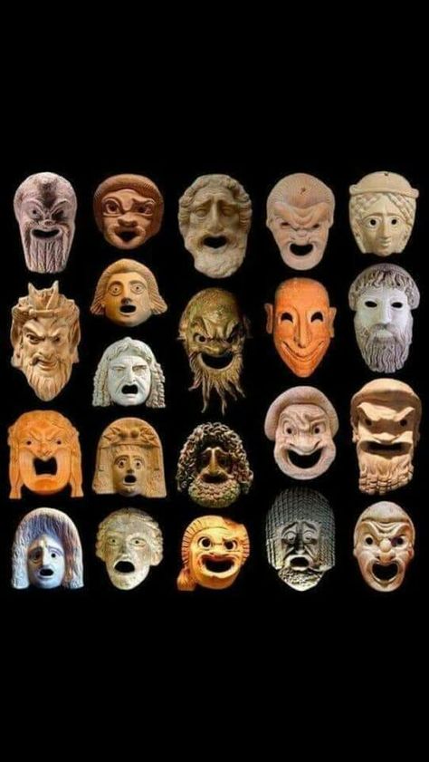 Greek Drama Masks, Greek Masks, Greek Chorus, Greek Plays, Ancient Greek Theatre, Drama Masks, Greek Pantheon, Theatre Masks, Ancient Greek Art