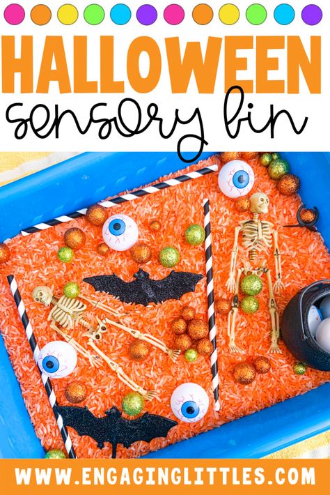 Here is a super simple Halloween sensory bin that you can set upf or your child this fall! A orange rice filler and fun Halloween goodies bring this sensory play activity to life and is sure to keep your kids busy! Easy Halloween Sensory Bin, Easy Halloween Sensory Activities, Sensory Friendly Halloween Activities, Halloween Jello Sensory Bin, Halloween Rice Sensory Bin, Dye Rice, Orange Rice, Halloween Sensory Bin, Halloween Sensory