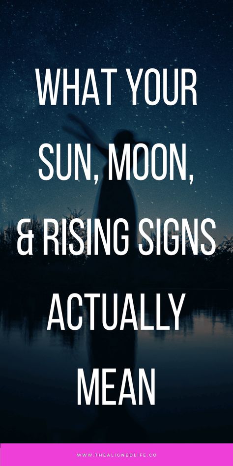 New to ASTROLOGY? Wondering what your Big Three (Sun, Moon & Rising) actually mean? Check out our simple guide to get started understanding your personal zodiac and birth chart! | thealignedlife.co | spirituality, zodiac signs, sun sign, moon sign, rising sign, star signs Taurus Sun Moon Rising, Sun Moon And Rising Meaning, Rising Sign Chart, Birth Chart Meanings, Rising Sign Meaning, Rising And Moon Sign, Moon Sign Meaning, Star Meaning, Sun Sign Moon Sign