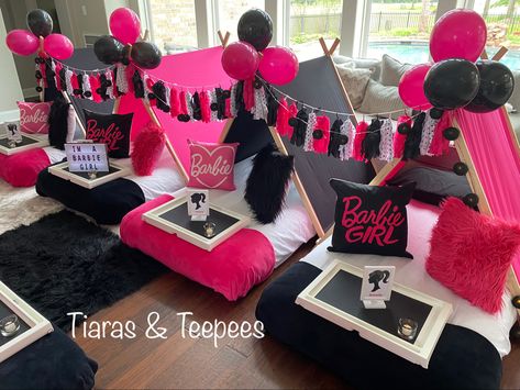 Barbie Party, Barbie themed party, Girl party ideas, kids parties, teepee party, tent party, slumber party, Barbie Sleepover Tent Ideas, Barbie Sleepover Party, Disney Reveal, Sleepover Tents, Birthday Sleepover Ideas, Birthday Sleepover, Tent Party, Daughters Birthday, Teepee Party