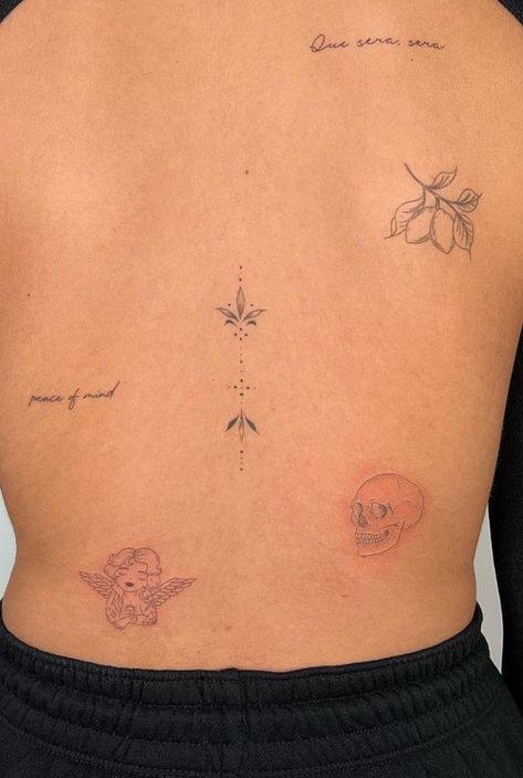 #tattoo #backtattoo Back Patchwork Tattoo, Dainty Spine Tattoo, Book Inspired Tattoos, Small Back Tattoos, Spine Tattoo Ideas, Evil Eye Tattoo, 100 Tattoo, Small Pretty Tattoos, Writing Tattoos