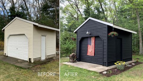 Aluminum Shed Makeover, Painting Metal Shed, Paint Metal Shed, Metal Shed Makeover Exterior, Old Shed Makeover Ideas, Black Sheds, Shed Painting Ideas, Shed Paint Colours, He Shed She Shed