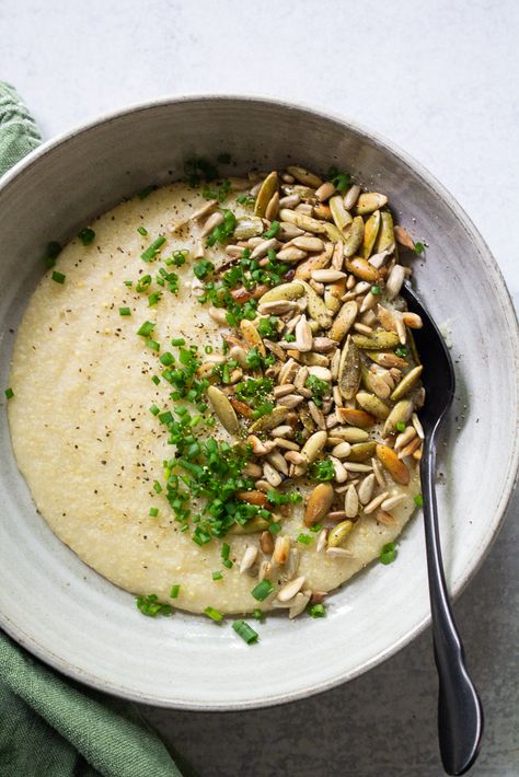 Millet Porridge with Chives and Toasted Seeds Recipes With Millet, Savory Porridge Recipes, Spiced Porridge, Savory Millet Recipes, Millet Porridge Breakfast, Millet Porridge, Millet Breakfast, Stir Fry Peppers, Millet Pumpkin Porridge