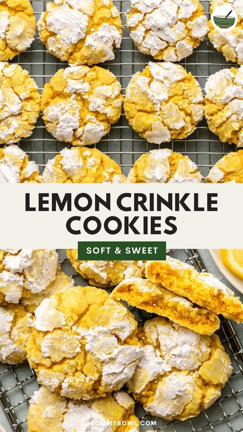 Vegan Lemon Crinkle Cookies are soft and sweet, bursting with bright lemon flavors, and coated in powdered sugar. The perfect cookies for spring! Vegan Lemon Cookies, Cookies For Spring, Lemon Crinkle Cookies, Perfect Cookies, Vegan Cookies Recipes, Lemon Blueberry Muffins, Spring Cookies, Cookie Dough Balls, Crinkle Cookies