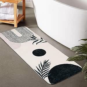 Boho Bathroom Runner Rug Non Slip, Large Long Bathroom Rug Cute Bath Mat for Bedroom Hallway Kitchen, Soft Plush Washable Shower Rug Earth Bathroom Decor, Black White Cream Bathroom, Long Rug In Bathroom, Black And White Bathroom Rugs, Bathroom Shower Curtain And Rug Ideas, Black And White Bathroom Aesthetic, Black And White Bathroom Ideas Decor, Bathroom Runner Rug Ideas, Bath Rugs Ideas