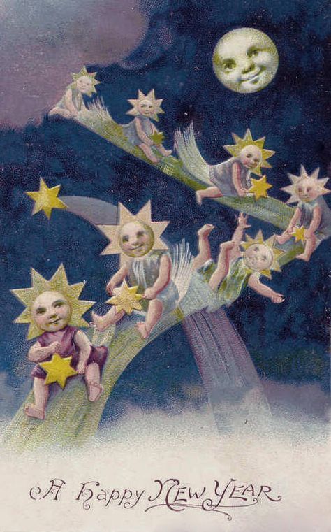 Face Angels, Man In The Moon Face, Vintage Happy New Year, Star Face, Fantasy Star, New Year Postcard, Man In The Moon, Happy New Years Eve, Happy New Year Images