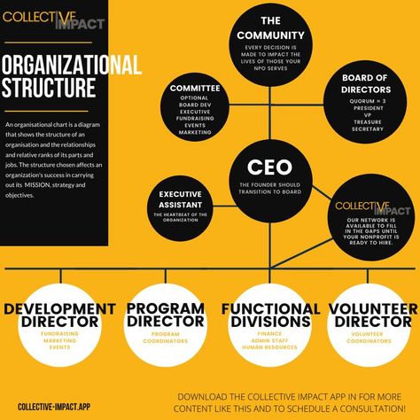 You aspire to create jobs and IMPACT your community. That is why you started a nonprofit organization. Suppose you're ready to transition from C.E.O. to board President/Founder. If this resonates with your SOUL, join us on the webinar tomorrow. Network C.P.A., Andrew Melton will focus on how your organizational structure affects success in carrying out its mission, strategy, and objectives. Collective Impact is available to fill in the gaps in your organization until you get here... Business Organizational Structure, Start A Non Profit, Nonprofit Design, Nonprofit Startup, Network Organization, Accounting Education, Leadership Models, Nonprofit Management, Organizational Leadership