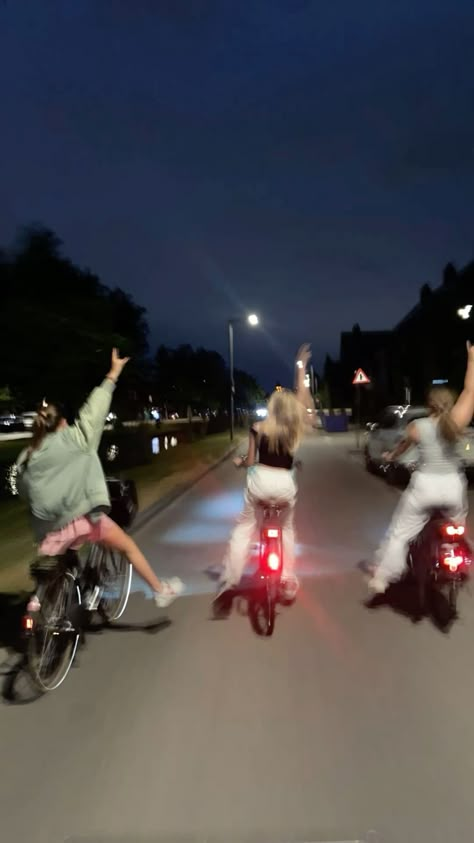 Riding Bikes At Night Aesthetic, Biking Aesthetic Night, Bike With Friends Aesthetic, Night Time Bike Ride, Riding Bikes With Friends, Bike Rides Summer, Late Night Activities With Friends, Late Night With Friends Aesthetic, Late Night Hangout With Friends