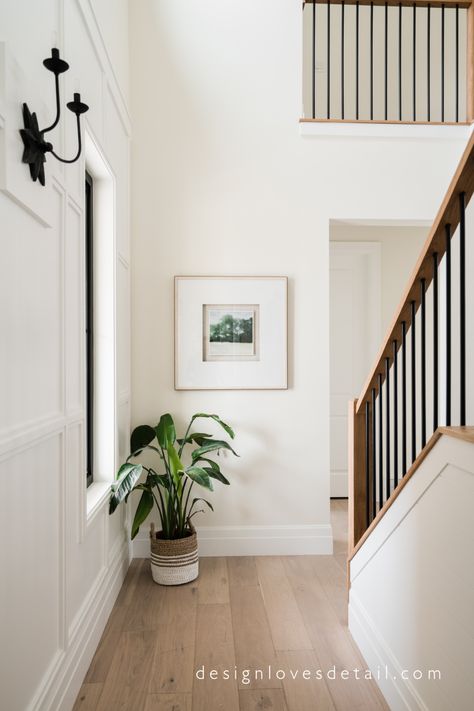 #EuropeanOrganicModern: New Home Tour Entry Reaveal! – Design Loves Detail European Organic Modern Decor, Modern Organic Flooring, Organic Modern Staircase, Organic Modern Flooring, European Organic Modern, Modern European Bedroom, Oak Railing, Townhome Remodel, Canyon Ranch