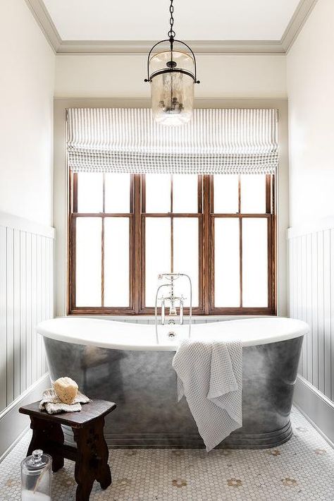 Cottage Bathtub Nook with Cast Iron Tub and Gray Plank Trim - Cottage - Bathroom W Design Collective, Mudroom Lockers, Cast Iron Bathtub, Metal Tub, Cast Iron Tub, Morris Wallpapers, Deep Soaking Tub, Cabinet Fronts, W Design