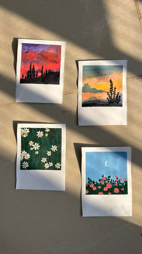 Paintings Polaroid, Polaroid Pictures Drawing, Easy Polaroid Paintings, Cute Polaroid Paintings, Aesthetic Polaroid Painting, Paintings Easy Aesthetic, Mini Polaroid Painting, Polaroid Drawing Ideas, Acrylic Polaroid